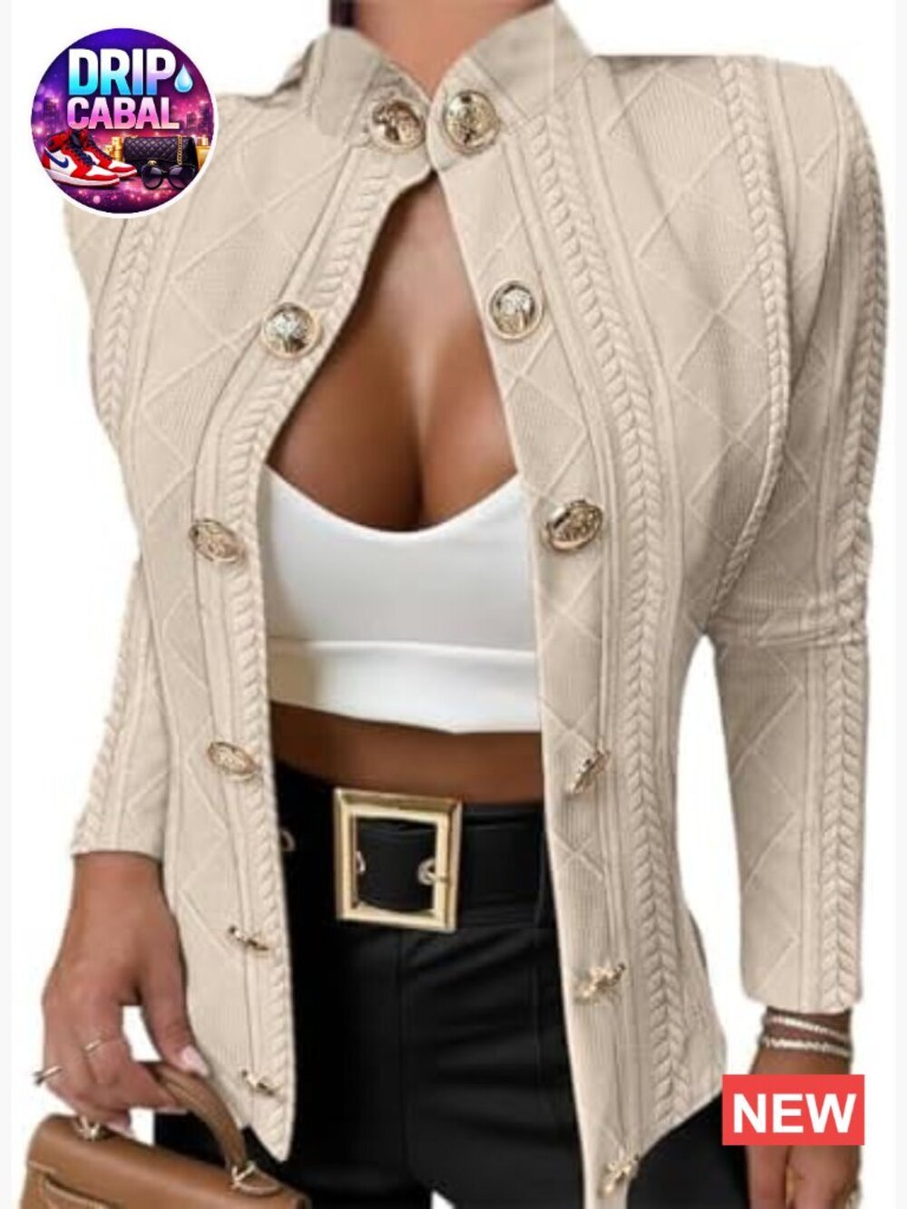 Women Argyle Cable Knit Cardigan Coat Stand Collar Long Sleeve Button Front